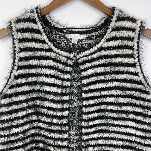 Spense | Black & White Stripe Fuzzy Eyelash Knit Sleeveless Cardigan SweaterVest - Picture 3 of 7